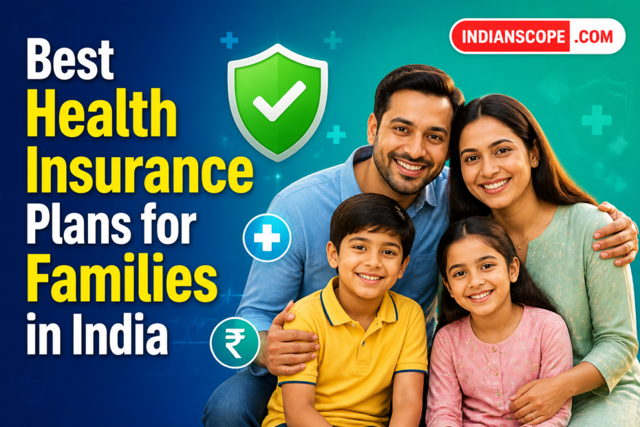 Illustrated Indian family beside health coverage icons and a practical insurance guide headline