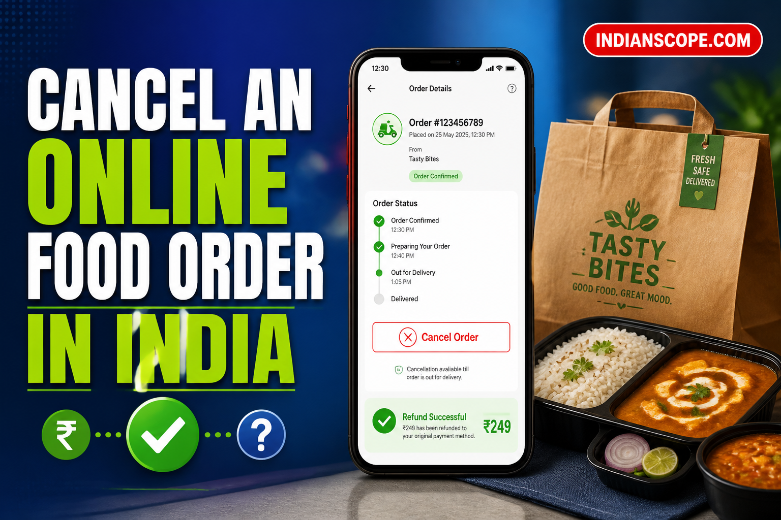Illustration showing food order cancellation and a refund on a smartphone in India