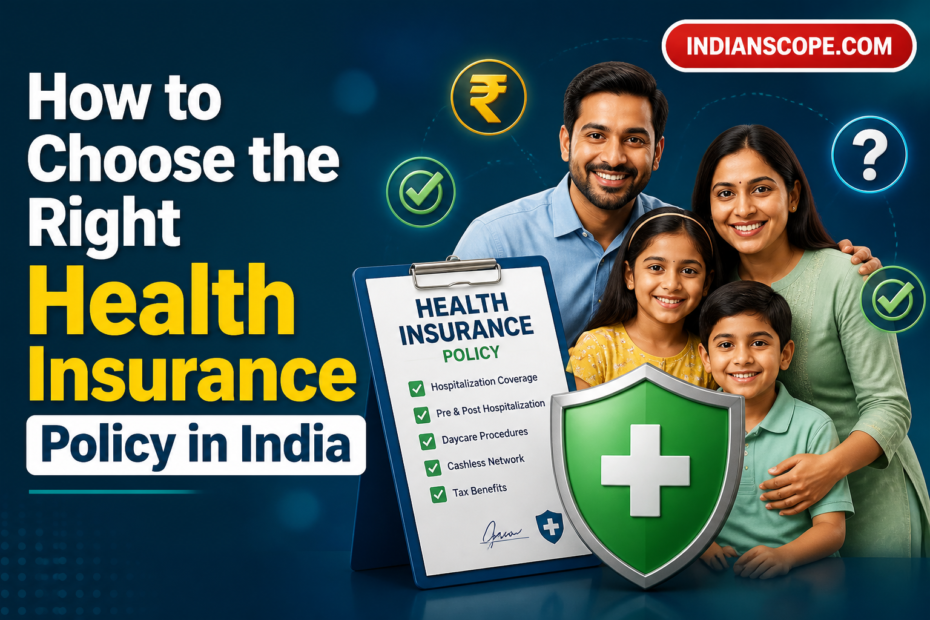 Illustrated Indian family reviewing a health insurance policy with a protective shield.
