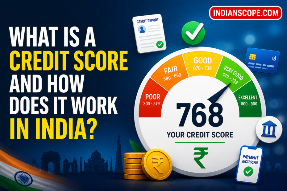Illustrated credit score gauge with Indian rupee symbols and a clear finance headline.