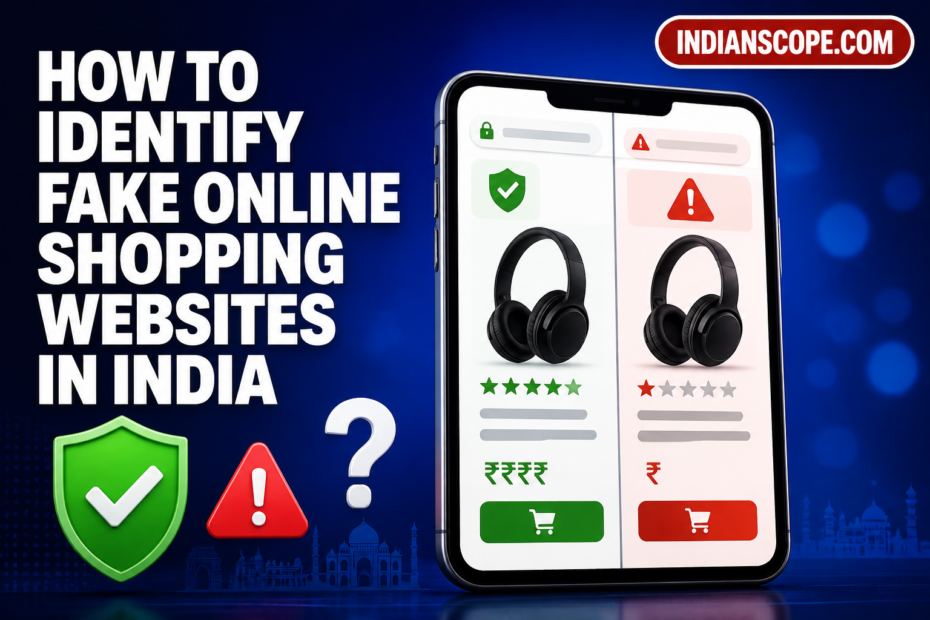 Illustrated smartphone and safety icons explain spotting fake Indian shopping websites.