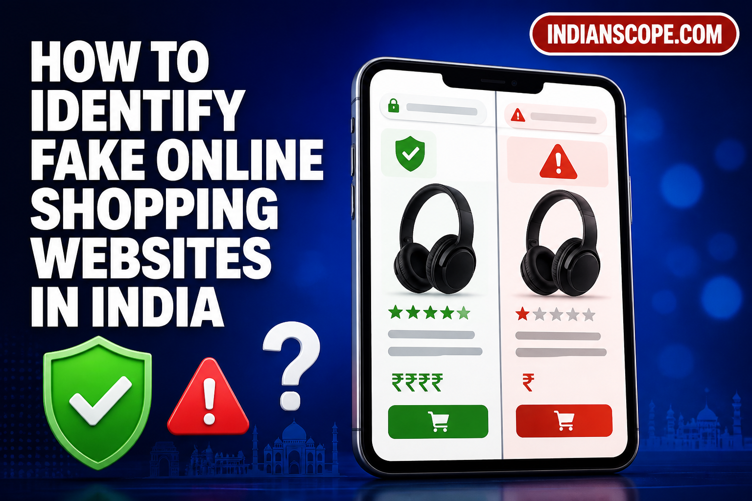Illustrated smartphone and safety icons explain spotting fake Indian shopping websites.