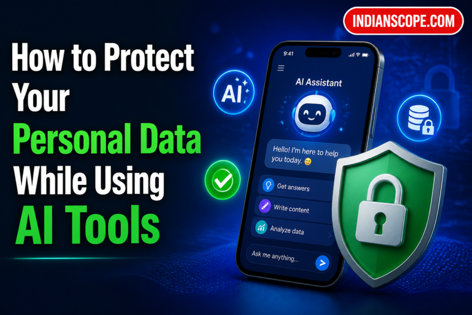 Illustrated smartphone with AI interface protected by a privacy shield and padlock