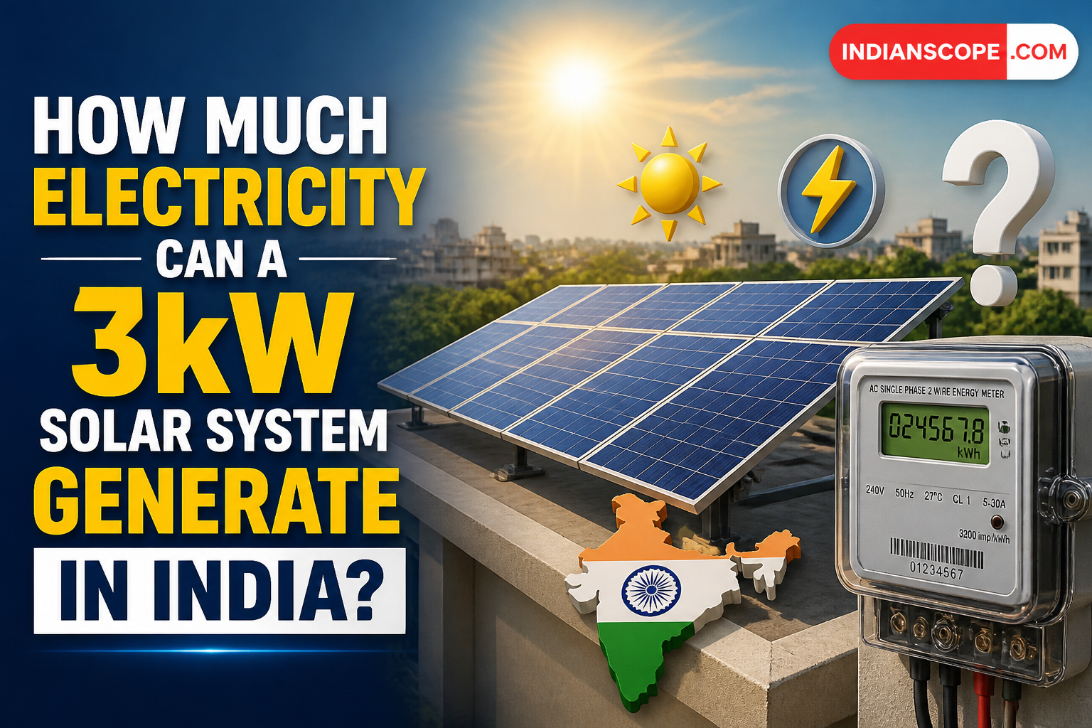 How Much Electricity Can a 3kW Solar System Generate in India? 1 Illustrated rooftop solar panels, electricity meter, and headline about 3kW solar generation in India. - hero