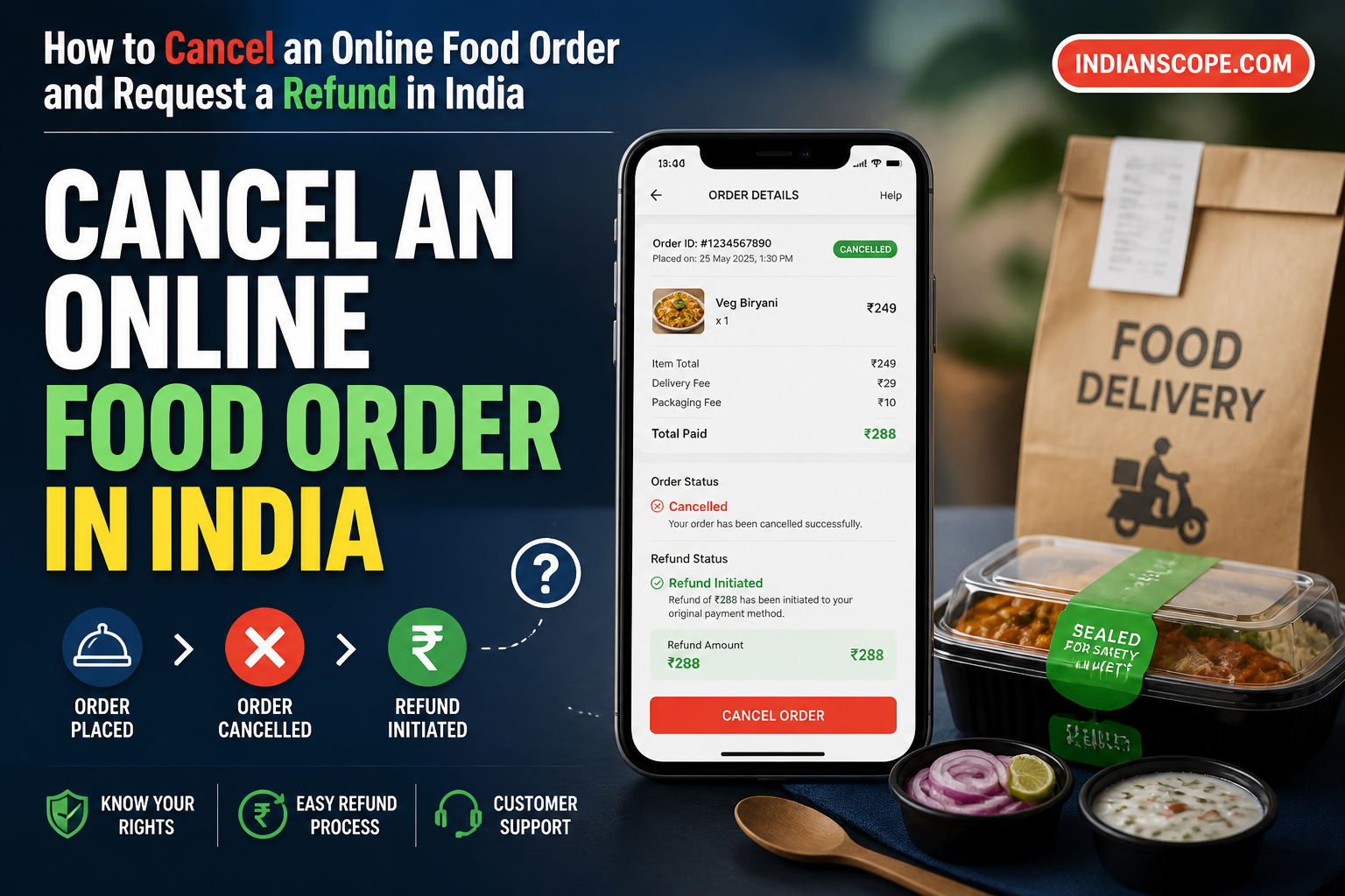 How to Cancel an Online Food Order and Request a Refund in India 1 Illustration showing food order cancellation and a refund on a smartphone in India - hero