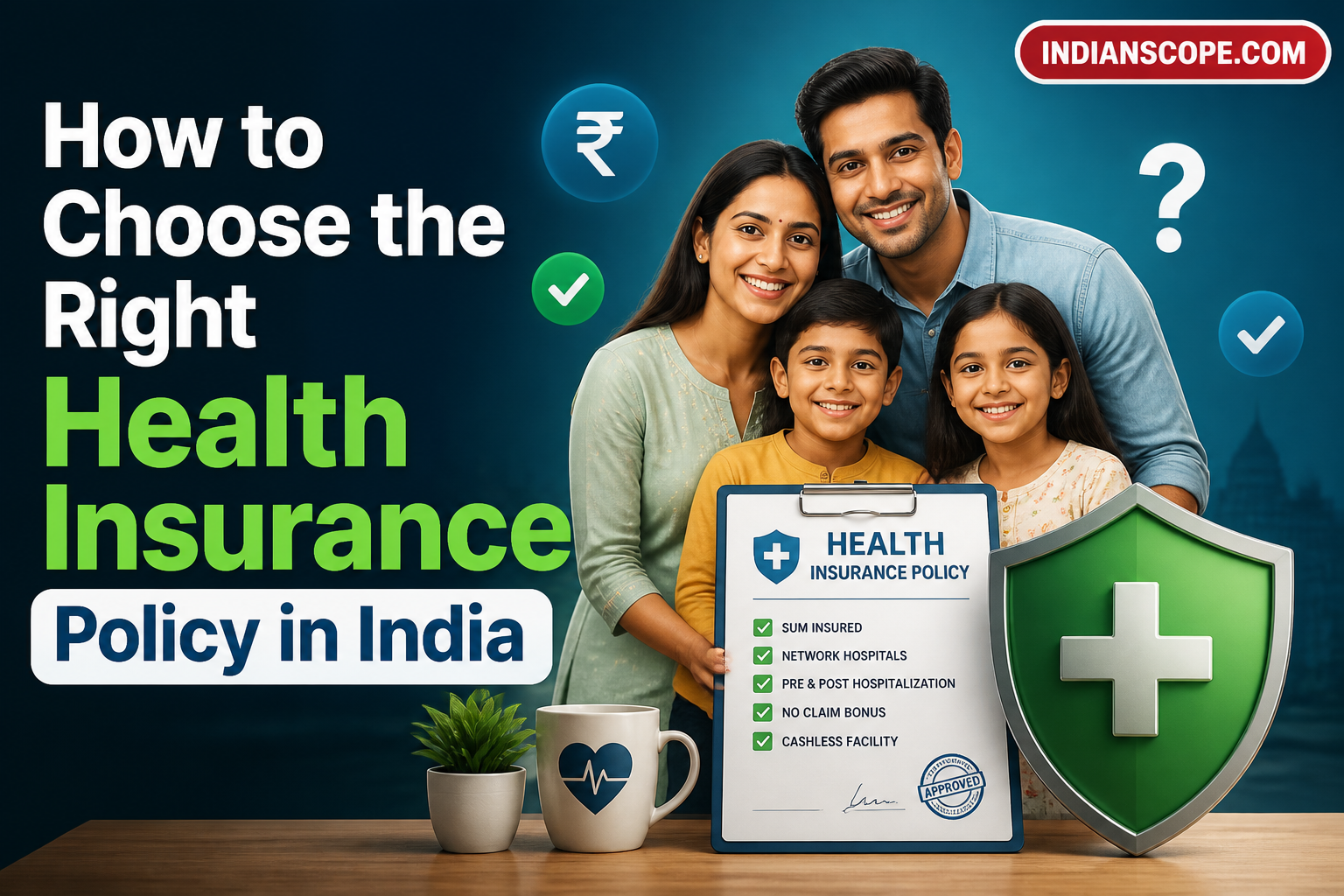 Illustrated Indian family reviewing a health insurance policy with a protective shield. - hero