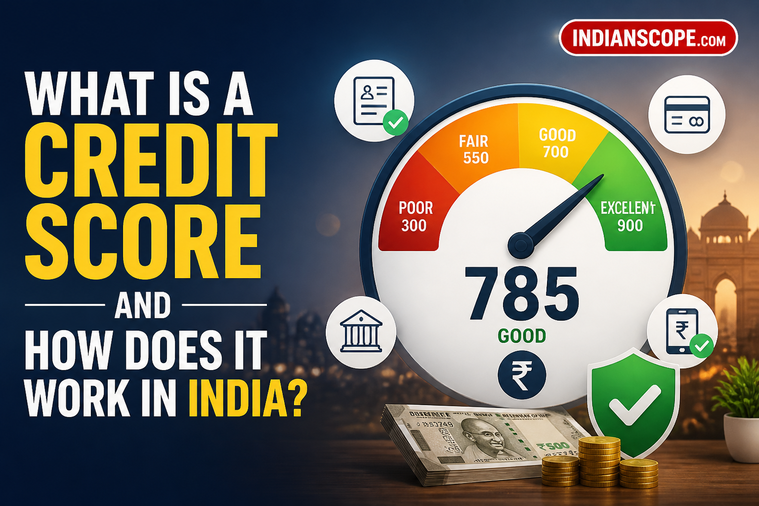 What Is a Credit Score and How Does It Work in India? 1 Illustrated credit score gauge with Indian rupee symbols and a clear finance headline. - hero