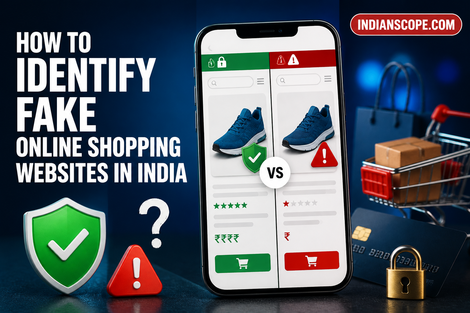 How to Identify Fake Online Shopping Websites in India: A Practical Guide 1 Illustrated smartphone and safety icons explain spotting fake Indian shopping websites. - hero