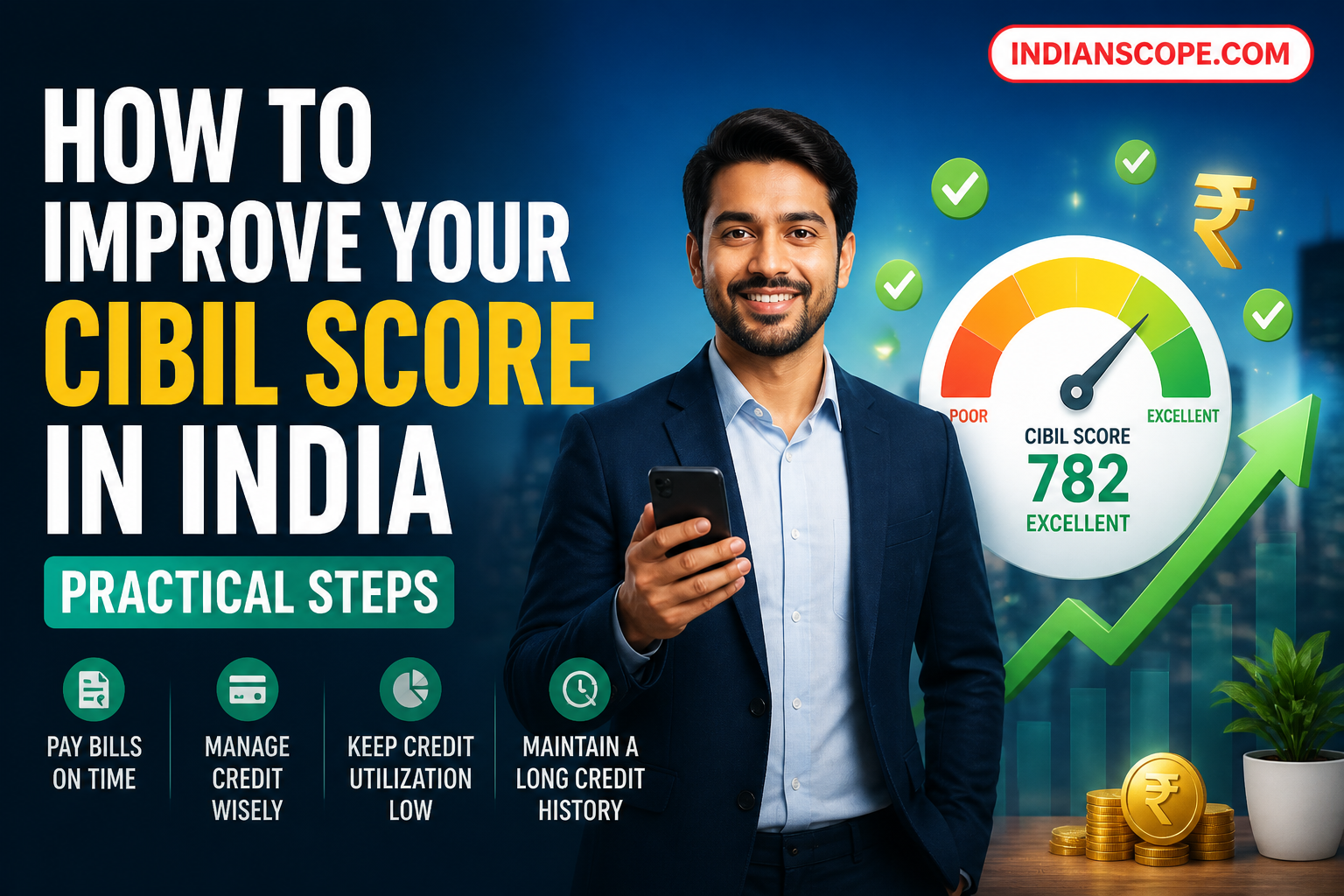 How to Improve Your CIBIL Score in India: Practical Steps 1 Illustrated Indian professional with rising credit score gauge and practical CIBIL improvement headline - hero