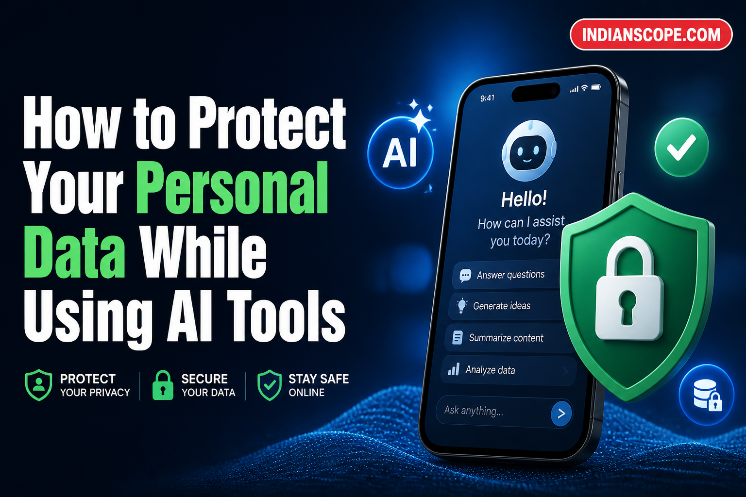 Illustrated smartphone with AI interface protected by a privacy shield and padlock - hero